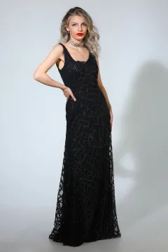 Kadın Yaka Tül Dekolteli Astarlı Işıltılı Uzun Abiye Elbise Siyah