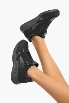 Kadın Yan Fermuar Detaylı Bağcıklı Spor Ayakkabı Siyah