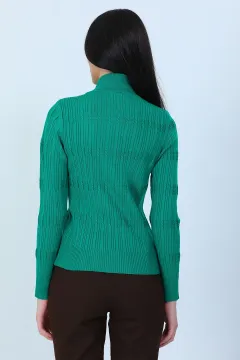 Kadın Yarım Balıkçı Desenli Likralı Triko Bluz Yeşil