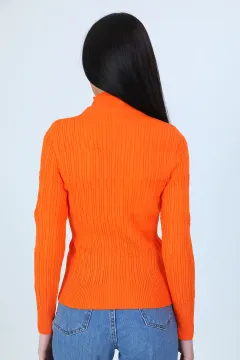 Kadın Yarım Balıkçı Desenli Likralı Triko Bluz Orange