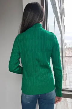 Kadın Yarım Balıkçı Desenli Likralı Triko Bluz Yeşil