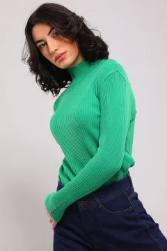 Kadın Yarım Balıkçı Fitilli Triko Bluz Yeşil