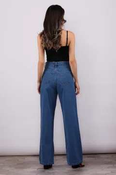 Kadın Yüksek Bel Bol Paça Jeans Pantolon Mavi