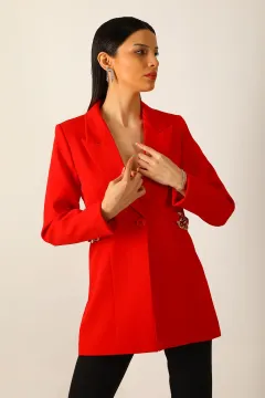 Kadın Zincir Detaylı Astarlı Uzun Blazer Ceket Kırmızı