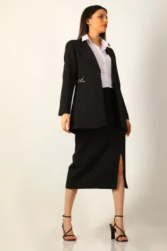 Kadın Zincir Detaylı Astarlı Uzun Blazer Ceket Siyah