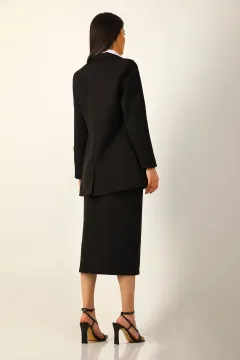 Kadın Zincir Detaylı Astarlı Uzun Blazer Ceket Siyah