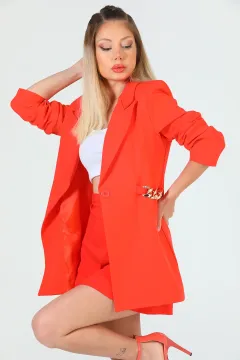 Kadın Zincir Detaylı Astarlı Uzun Blazer Ceket Orange
