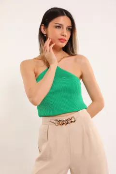 Kadın Zincir Detaylı Crop Triko Bluz Yeşil