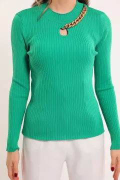 Kadın Zincir Detaylı Triko Bluz Yeşil