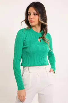 Kadın Zincir Detaylı Triko Bluz Yeşil