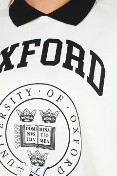 Kadın Yakalı Oxford Baskılı Sweatshırt Krem
