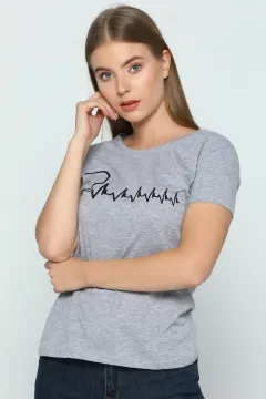 Kalp Ritmi Baskılı Sevgili Kombin Kadın T-shirt Gri