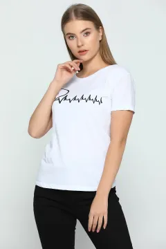 Kalp Ritmi Baskılı Sevgili Kombin Kadın T-shirt Beyaz
