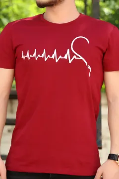 Kalp Ritmi Baskılı Sevgili Kombin Erkek T-shirt Bordo