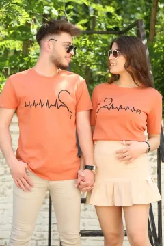 Kalp Ritmi Baskılı Sevgili Kombin Erkek T-shirt Kiremit