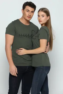 Kalp Ritmi Baskılı Sevgili Kombin Erkek T-shirt Haki