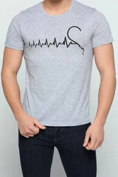 Kalp Ritmi Baskılı Sevgili Kombin Erkek T-shirt Gri