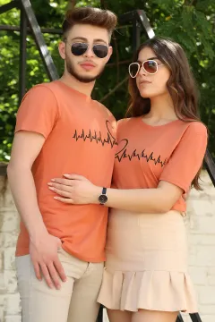 Kalp Ritmi Baskılı Sevgili Kombin Kadın T-shirt Kiremit