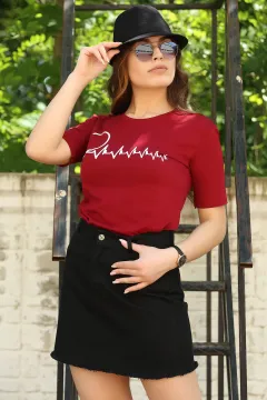 Kalp Ritmi Baskılı Sevgili Kombin Kadın T-shirt Bordo