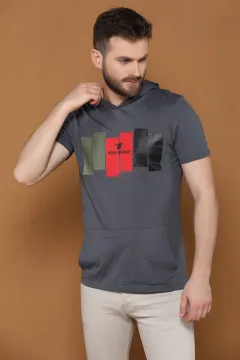 Kapüşonlu Baskılı Erkek T-shirt Füme