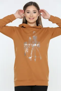 Kapüşonlu Baskılı Sweatshirt Camel