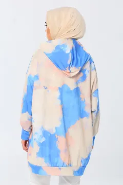 Kapüşonlu Batik Desenli Ovarsize Kadın Sweatshirt Bej