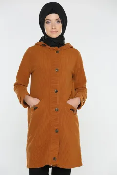 Kapüşonlu Fitilli Ceket Camel