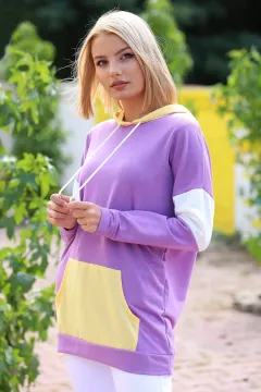 Kapüşonlu Kanguru Cepli Sweatshirt Lilasarı
