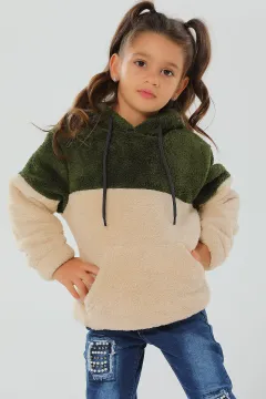 Kapüşonlu Kız Çocuk Polar Sweatshirt Haki