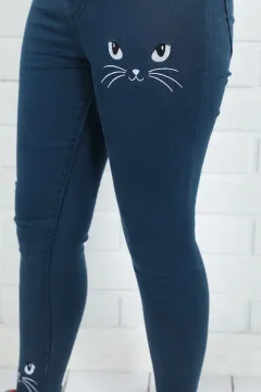 Kedi Baskılı Kız Çoçuk Pantolon Koyupetrol