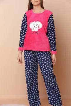 Kedi Baskılı Peluş Pijama Takımı Fuşya