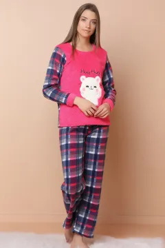 Kedi Baskılı Peluş Pijama Takımı Fuşya
