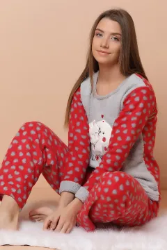 Kedi Baskılı Peluş Pijama Takımı Gri