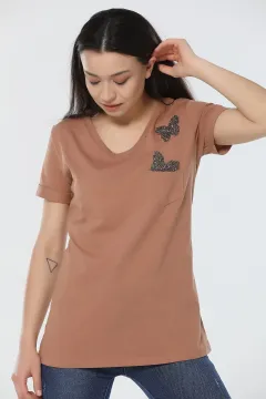Kelebek Işlemeli T-shirt Açık Camel