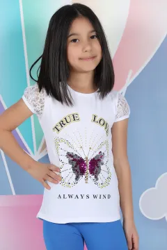 Kelebek Payetli Kol Dantelli Kız Çocuk T-shirt Beyaz