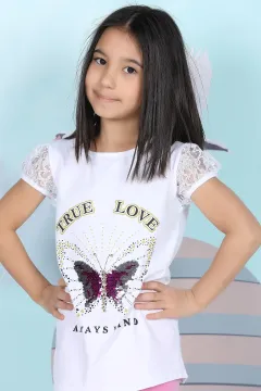 Kelebek Payetli Kol Dantelli Kız Çocuk T-shirt Beyaz