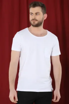Kesik Yaka Cepli Erkek T-shirt Beyaz