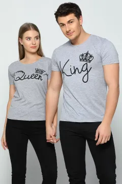 King Baskılı Sevgili Kombin Erkek T-shirt Gri