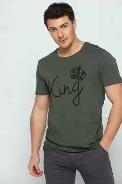 King Baskılı Sevgili Kombin Erkek T-shirt Haki