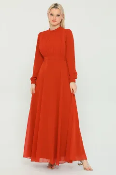 Kadın Modest Önü Piliseli Uzun Tesettür Şifon Elbise Kiremit