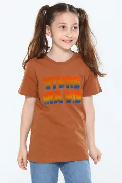 Kız Çocuk Likralı Bisiklet Yaka Baskılı T-shirt Kiremit