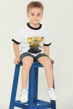 Erkek Çocuk Likralı Bisiklet Yaka Baskılı T-shirt KırıkBeyaz