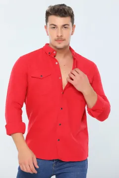 Erkek Slim Fit Çift Cepli Uzun Kollu Gömlek Kırmızı