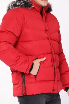 Erkek Kapüşonlu İçi Polarlı Şişme Mont Kırmızı