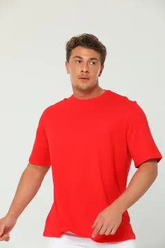 Erkek Likralı Oversize Bisiklet Yaka Basic T-shirt Kırmızı