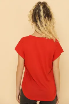 Kadın Likralı Bisiklet Yaka Kolları Pervazlı Basic T-shirt Kırmızı