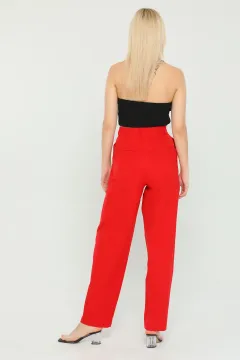 Kadın Ekstra Yüksek Bel Cepli Kumaş Pantolon Kırmızı