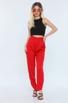 Kadın Ekstra Yüksek Bel Paça Yırtmaçlı Saten Pantolon Kırmızı