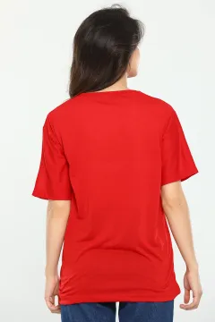 Kadın Likralı Bisiklet Yaka Baskılı T-shirt Kırmızı