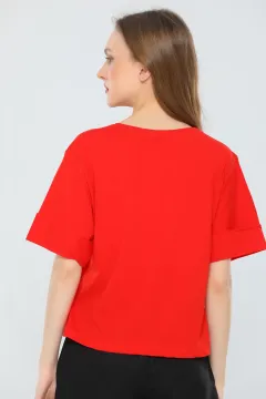 Kadın Likralı Bisiklet Yaka Duble Kol Baskılı T-shirt Kırmızı